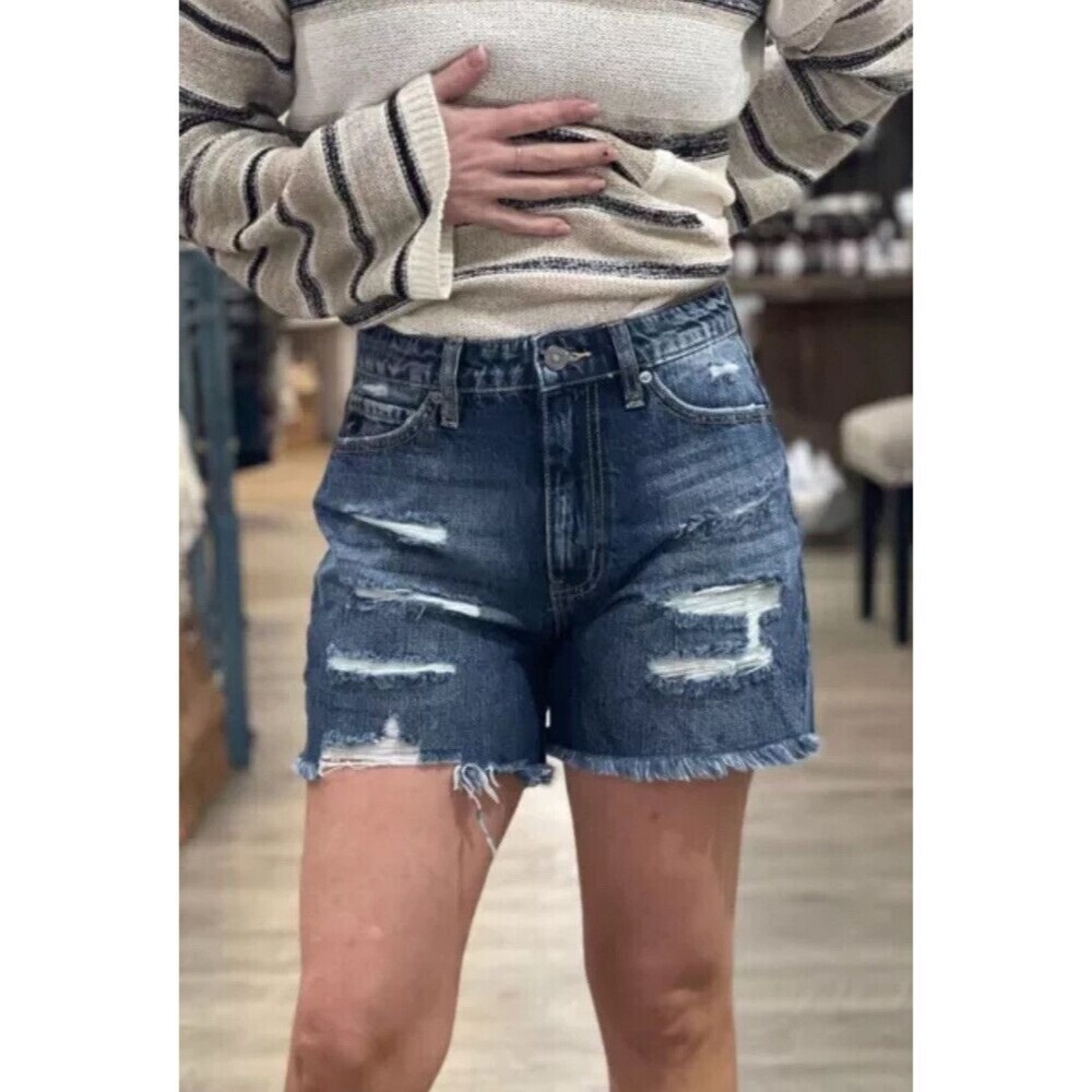 Kancan Distressed High Rise Frayed Hem Relaxed Denim Girlfriend Shorts 13/30